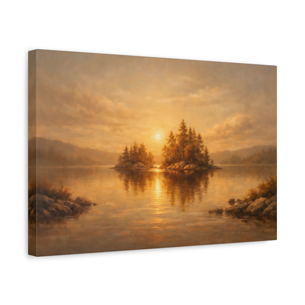 Side Mockup 4. Nature Lake Sunset Golden Sunset shown as stretched canvas wall art
