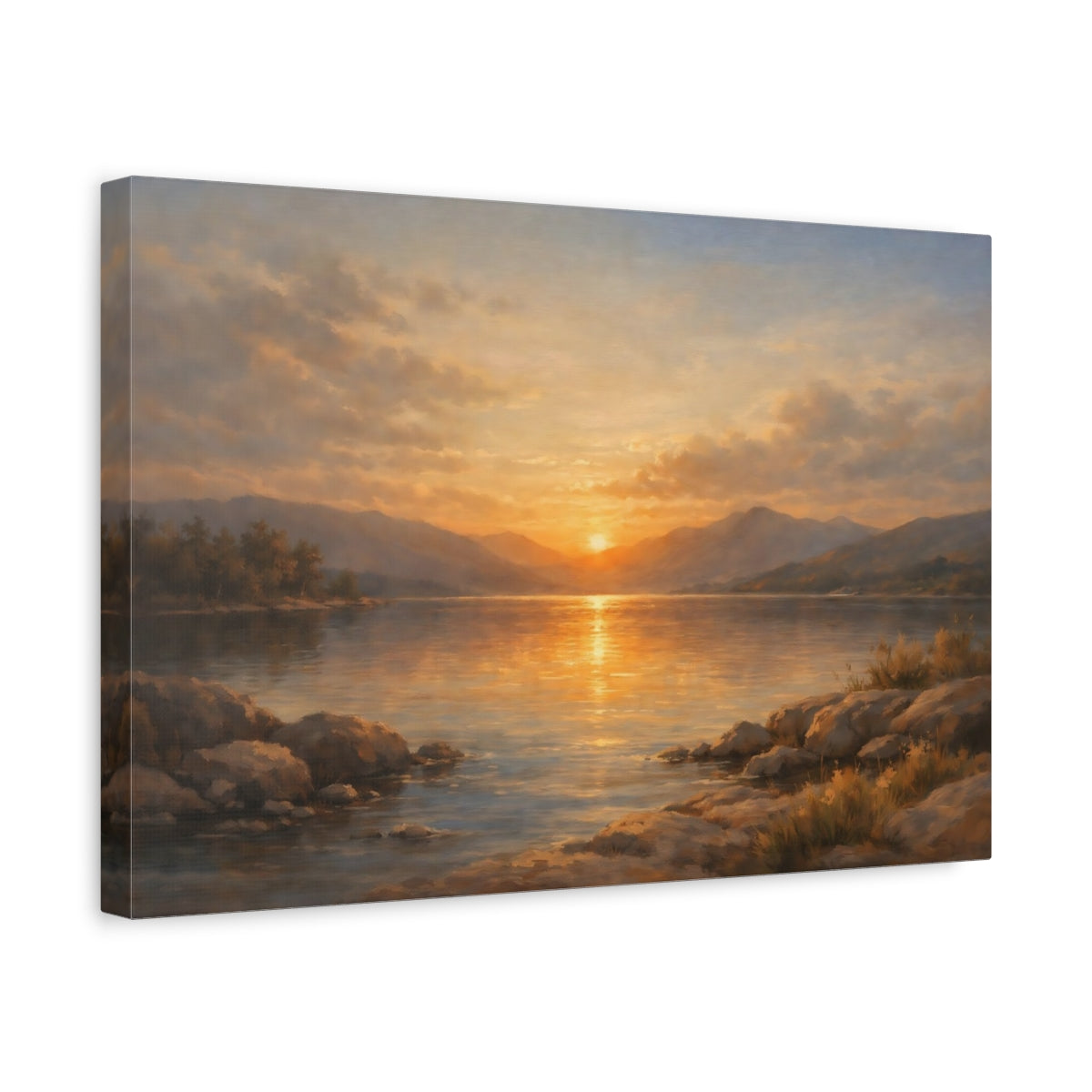 Side Mockup 4. Nature Lake Sunset Golden Lake Sunset shown as stretched canvas wall art