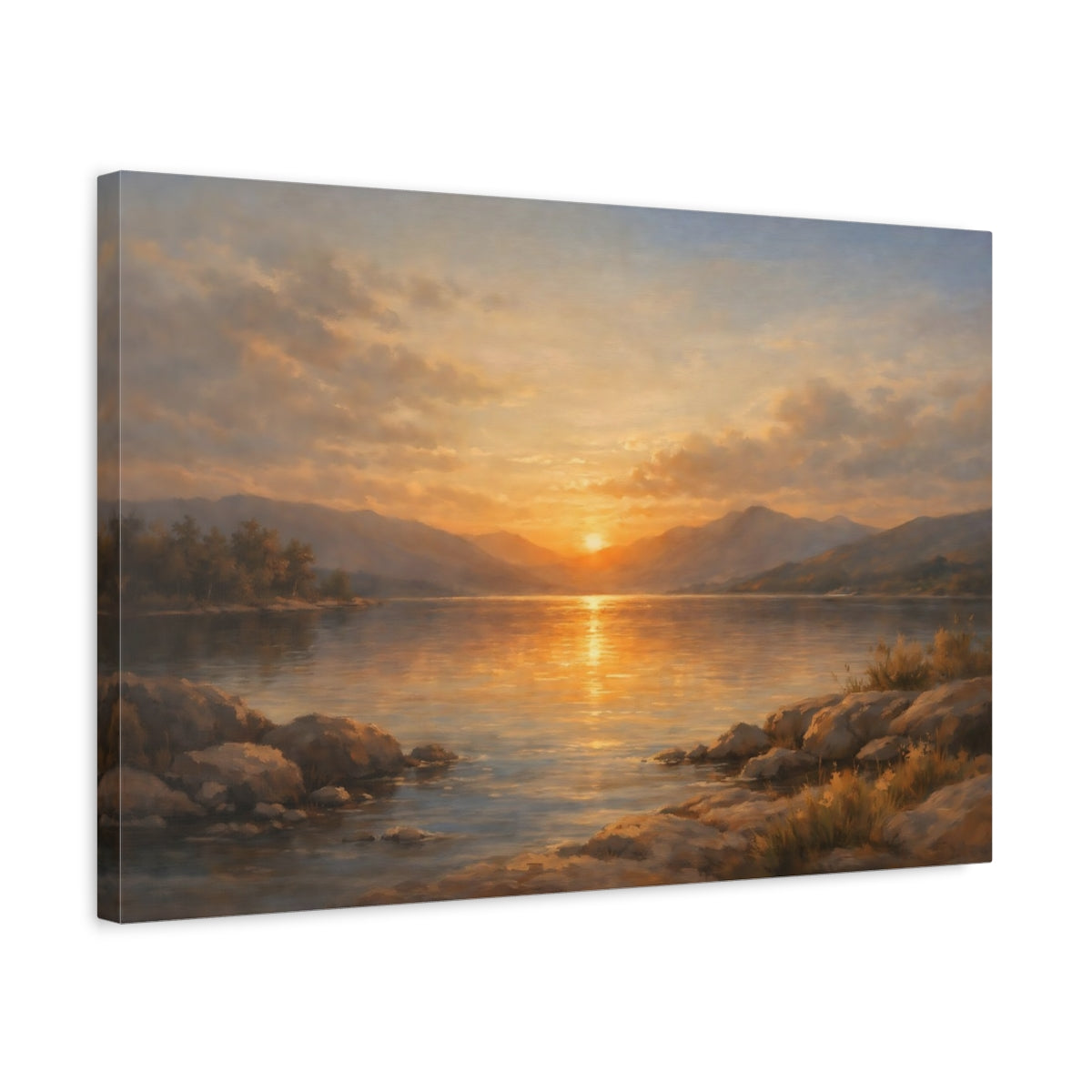 Side Mockup 3. Nature Lake Sunset Golden Lake Sunset shown as stretched canvas wall art