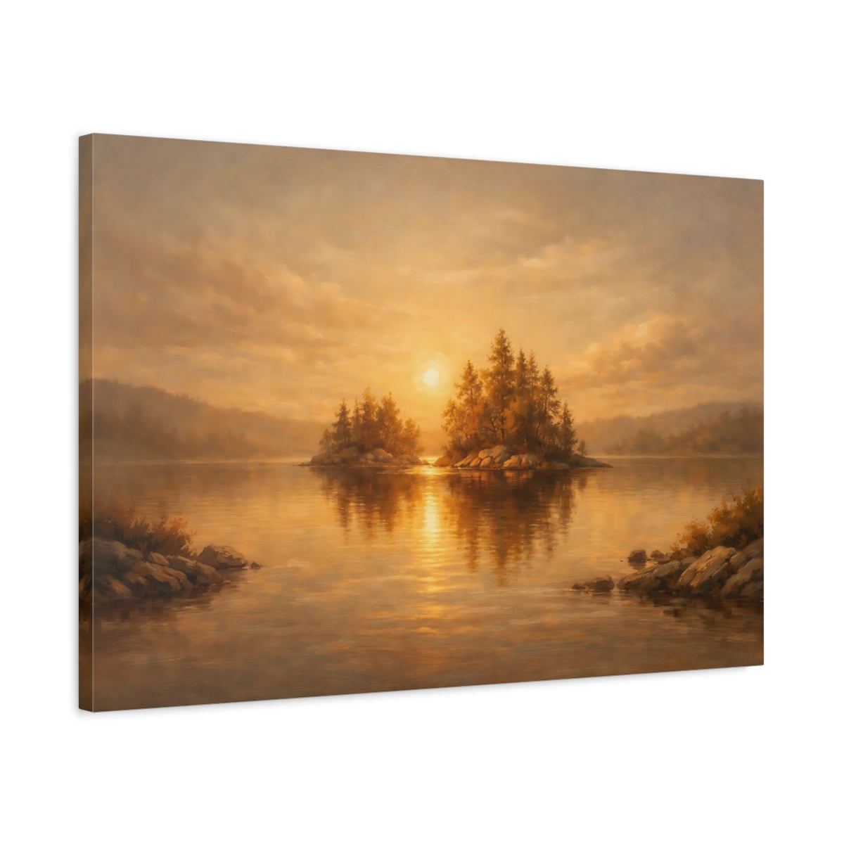 Side Mockup 2. Nature Lake Sunset Golden Sunset shown as stretched canvas wall art