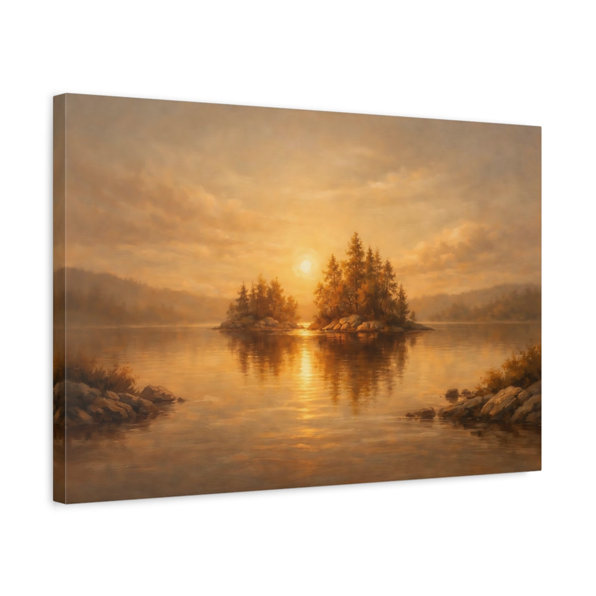 Side Mockup 3. Nature Lake Sunset Golden Sunset shown as stretched canvas wall art