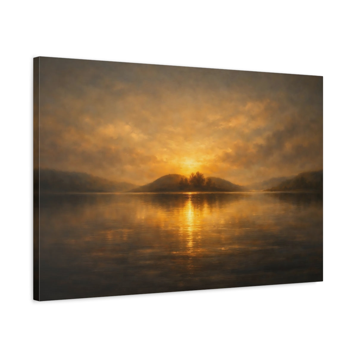 Side Mockup 2. Nature Lake Sunset Golden Sunset shown as stretched canvas wall art