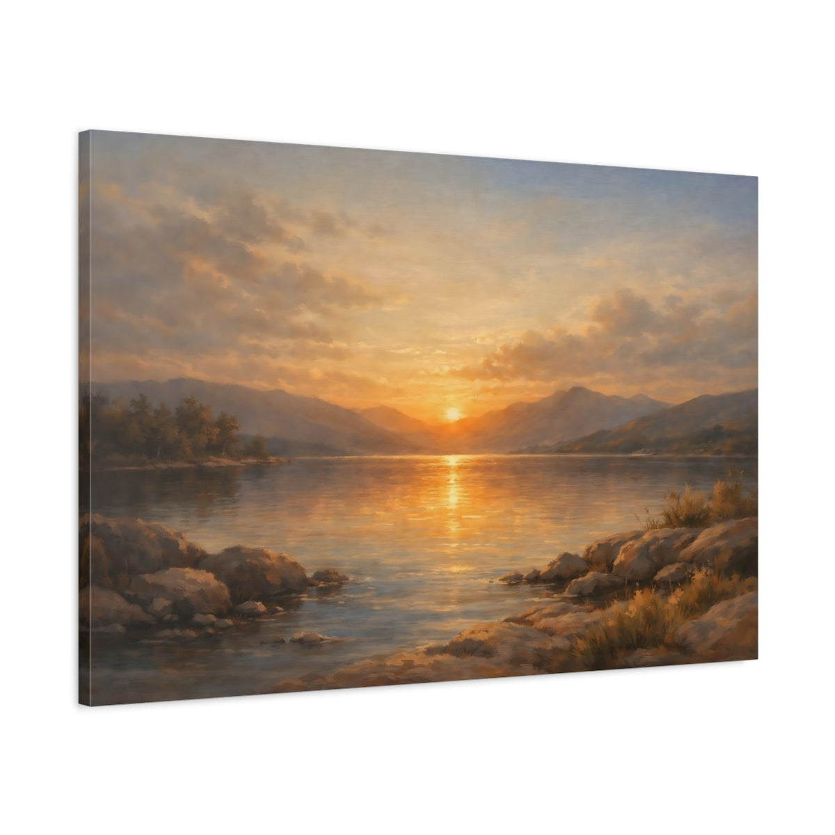 Side Mockup 1. Nature Lake Sunset Golden Lake Sunset shown as stretched canvas wall art