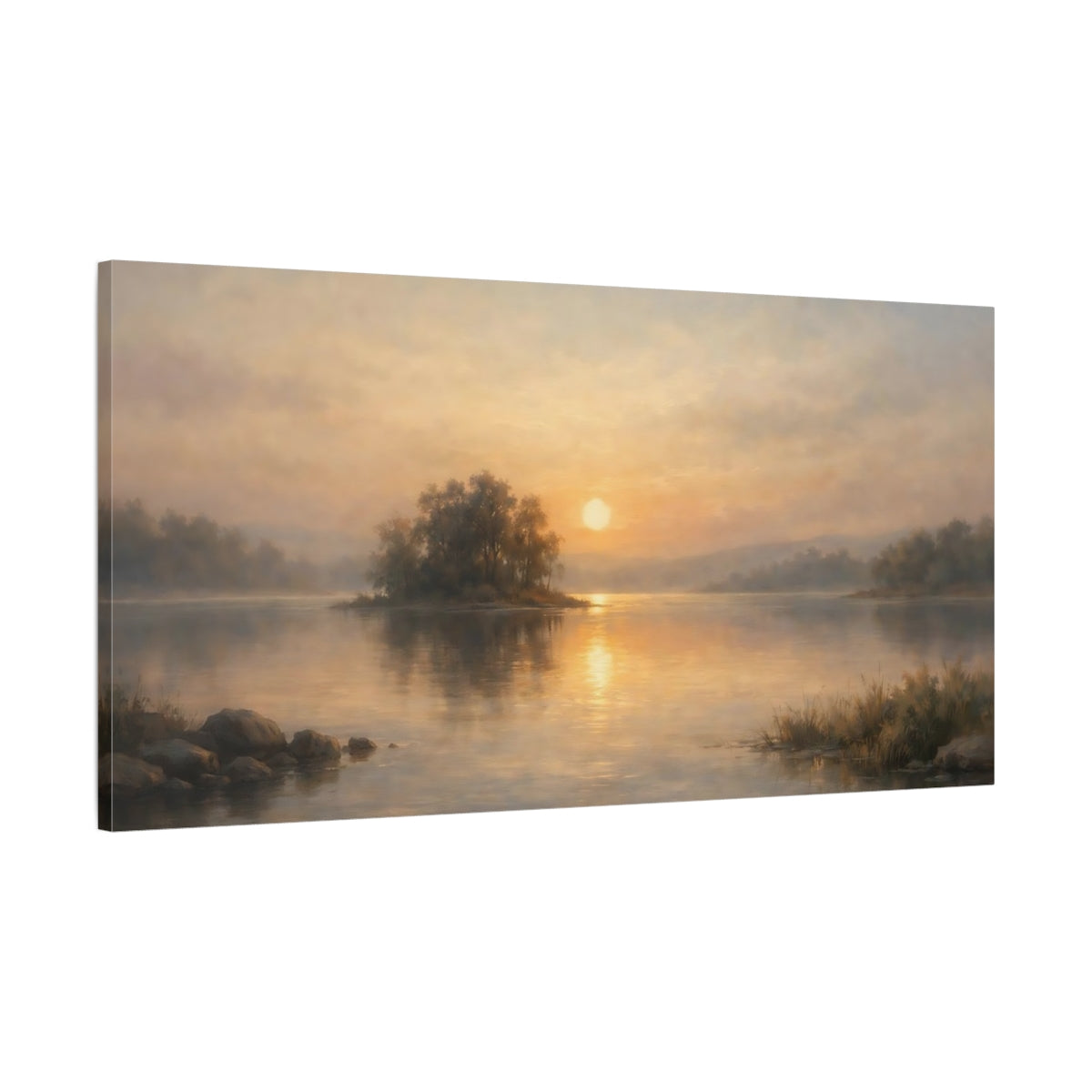 Side Mockup 1. Nature Lake Sunset Golden Lake Sunset shown as stretched canvas wall art