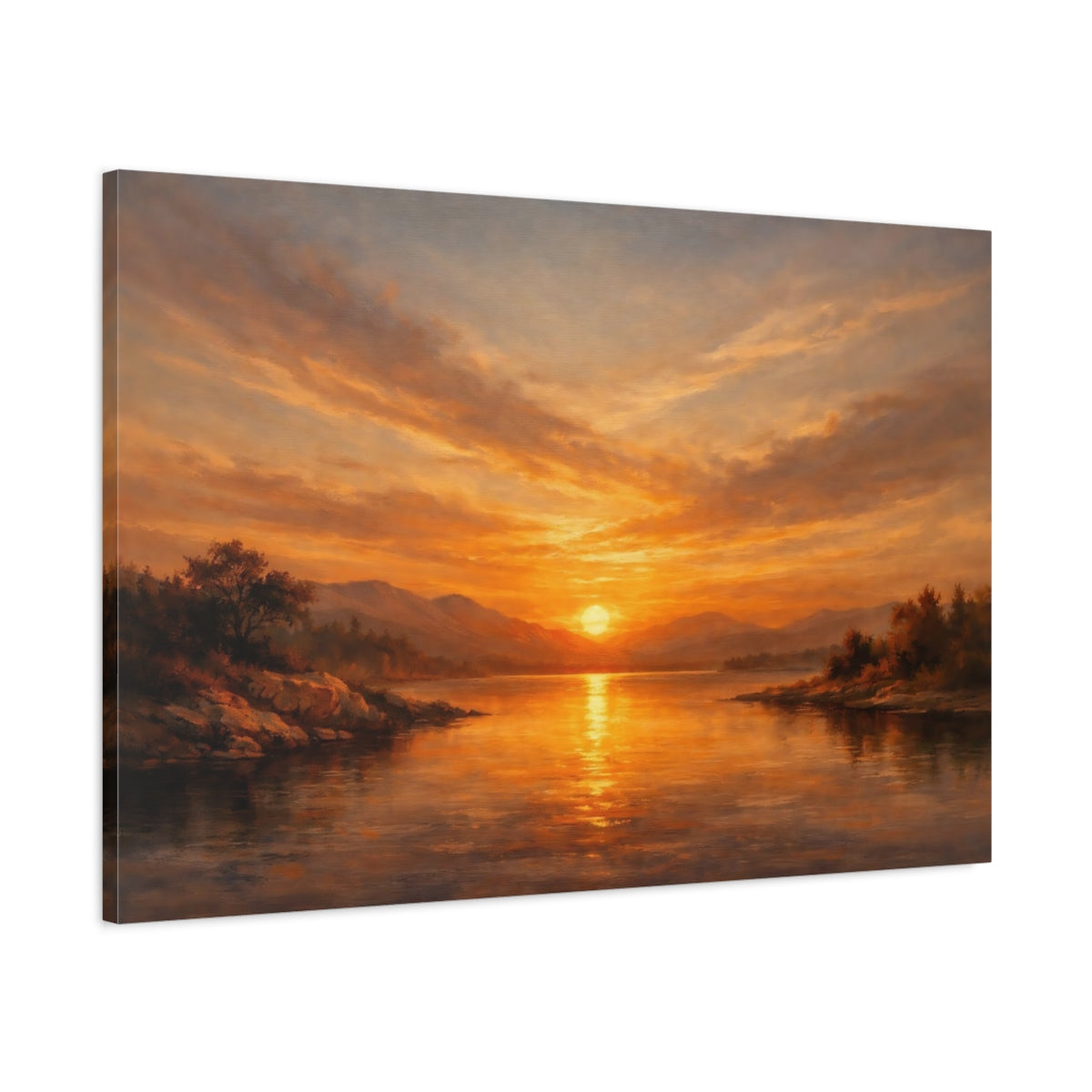 Side Mockup 1. Nature Lake Sunset Golden Sunset Lake shown as stretched canvas wall art