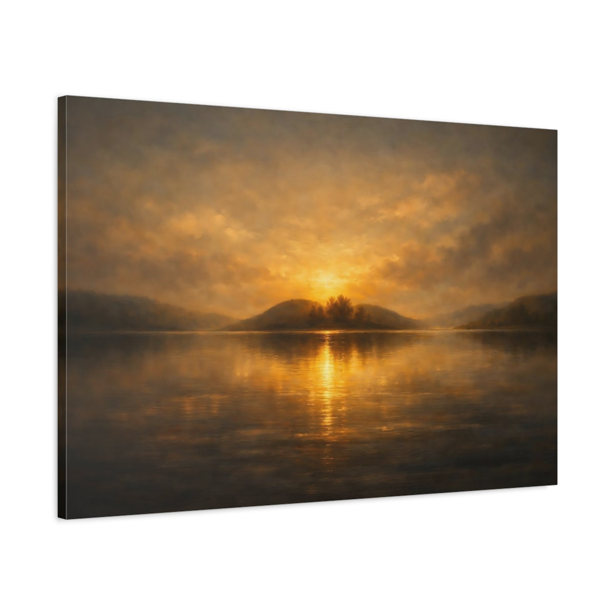 Side Mockup 1. Nature Lake Sunset Golden Sunset shown as stretched canvas wall art
