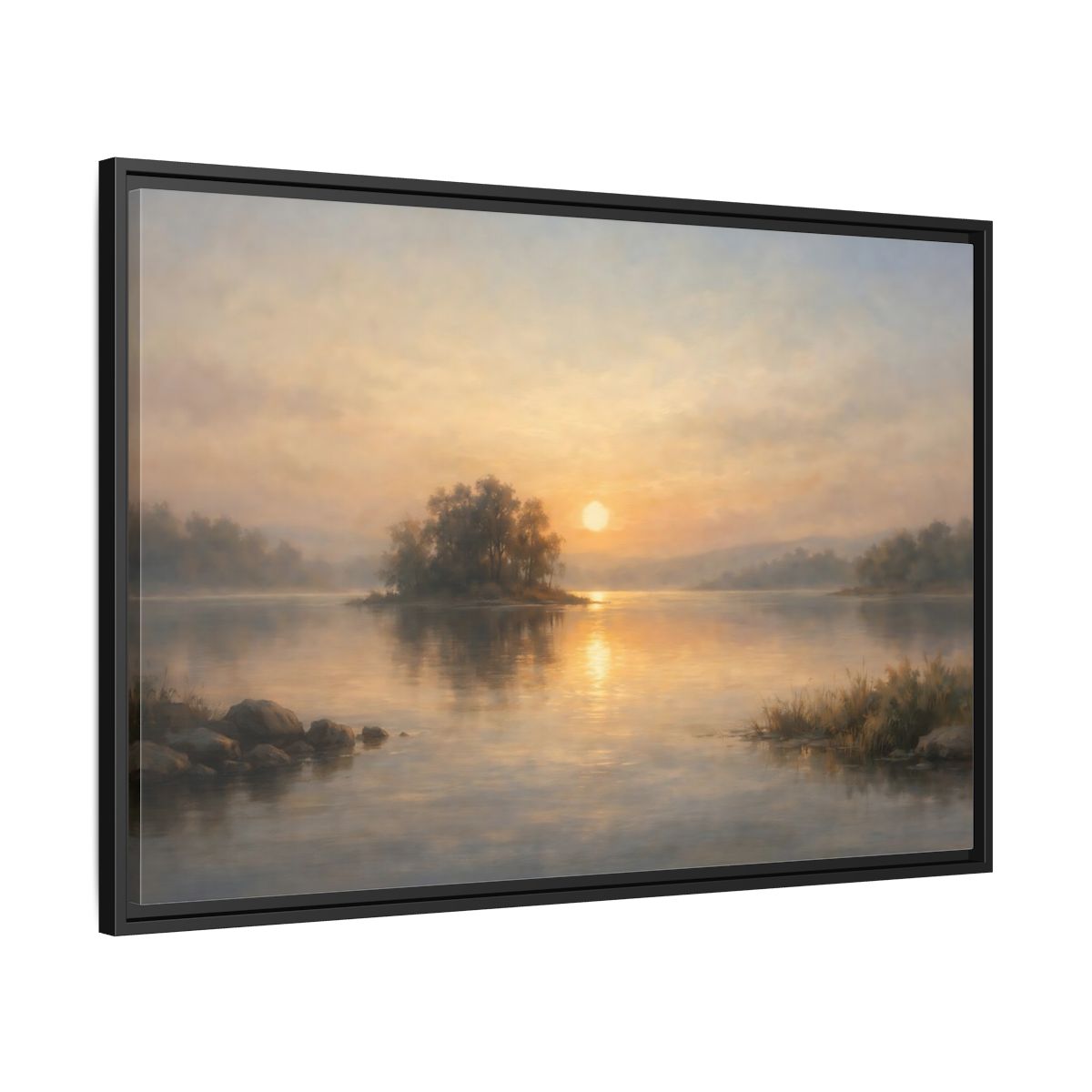 Side Mockup 13. Nature Lake Sunset Golden Lake shown as stretched canvas wall art