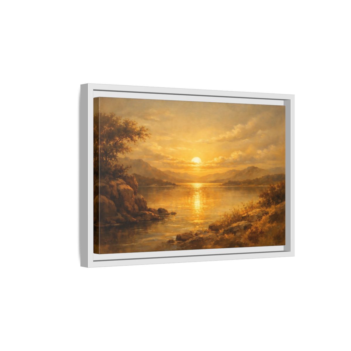 Side Mockup 4. Nature Lake Sunset Golden Sunset Lake shown as stretched canvas wall art