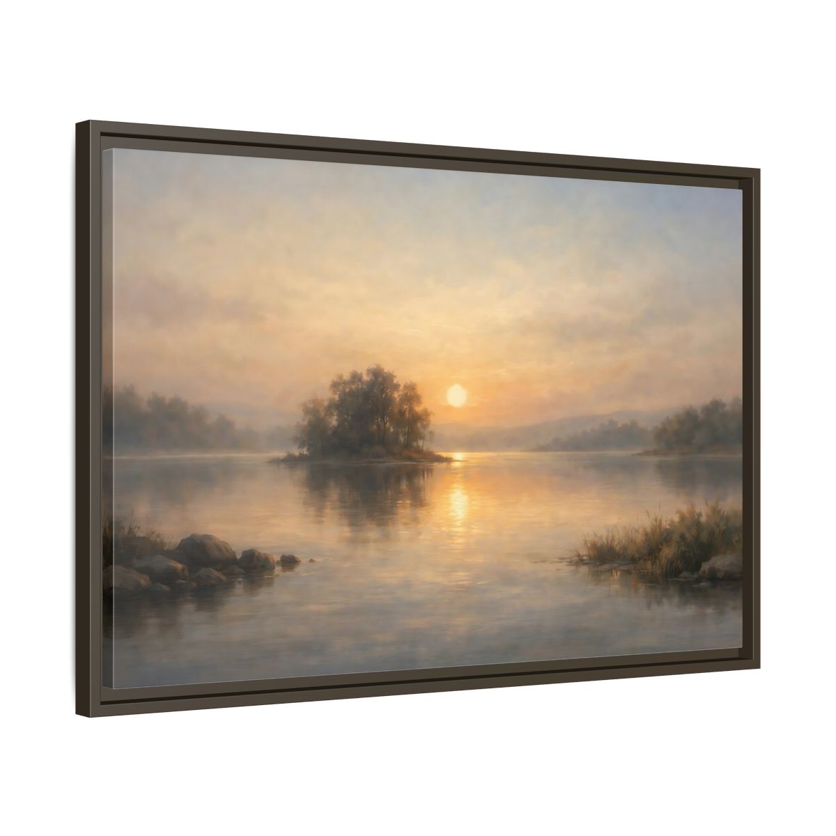 Side Mockup 11. Nature Lake Sunset Golden Lake shown as stretched canvas wall art