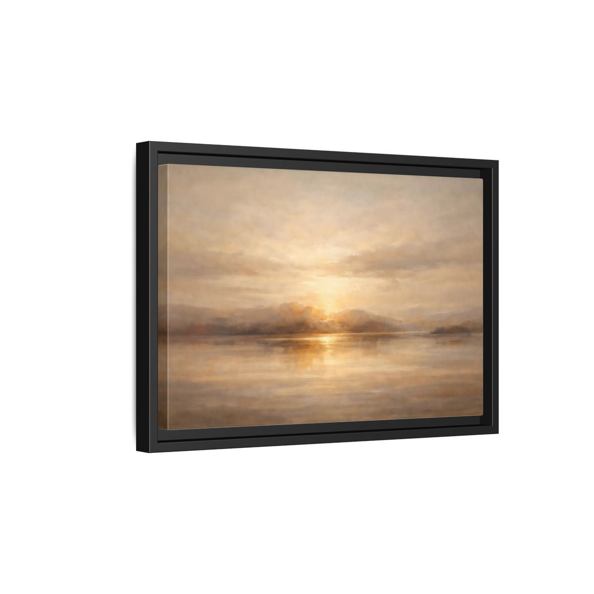 Side Mockup 6. Nature Lake Sunset Golden Sunset shown as stretched canvas wall art