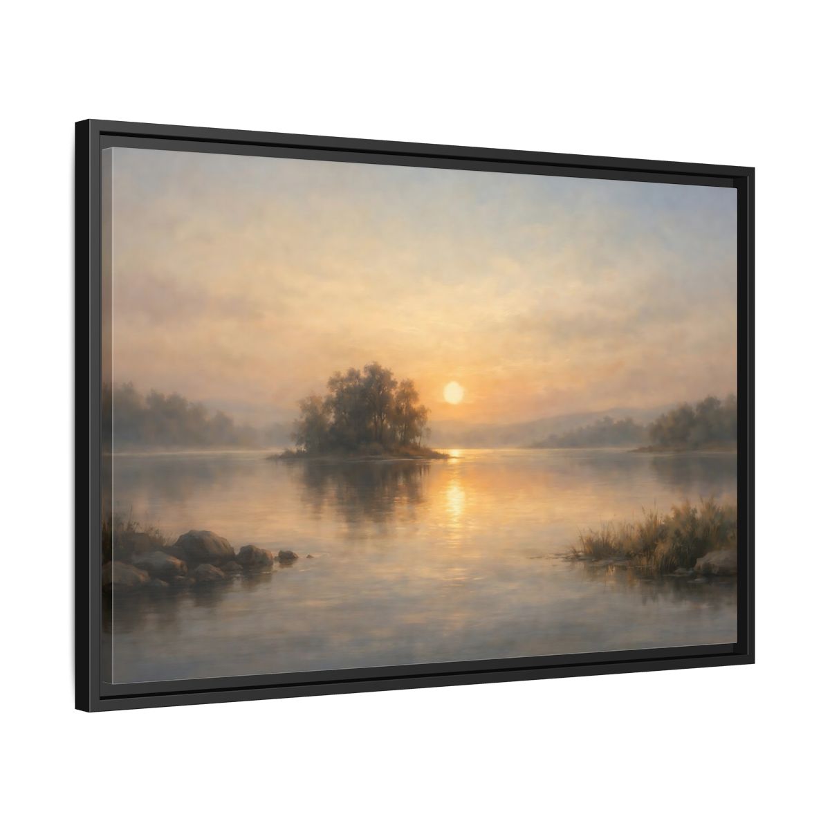 Side Mockup 14. Nature Lake Sunset Golden Lake shown as stretched canvas wall art