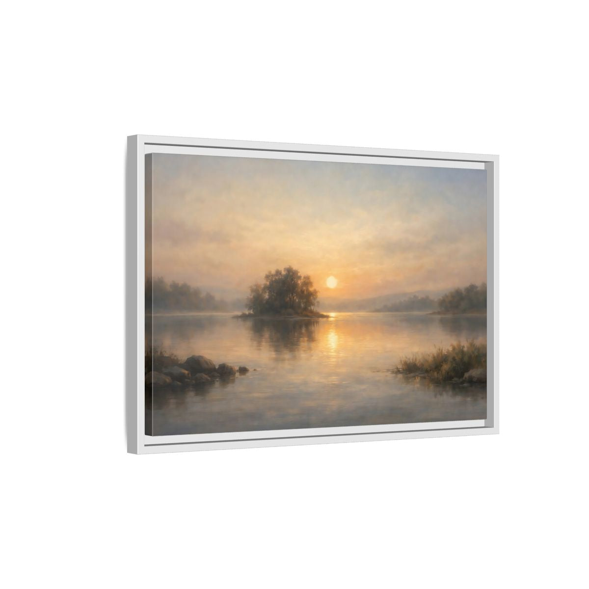 Side Mockup 1. Nature Lake Sunset Golden Lake shown as stretched canvas wall art