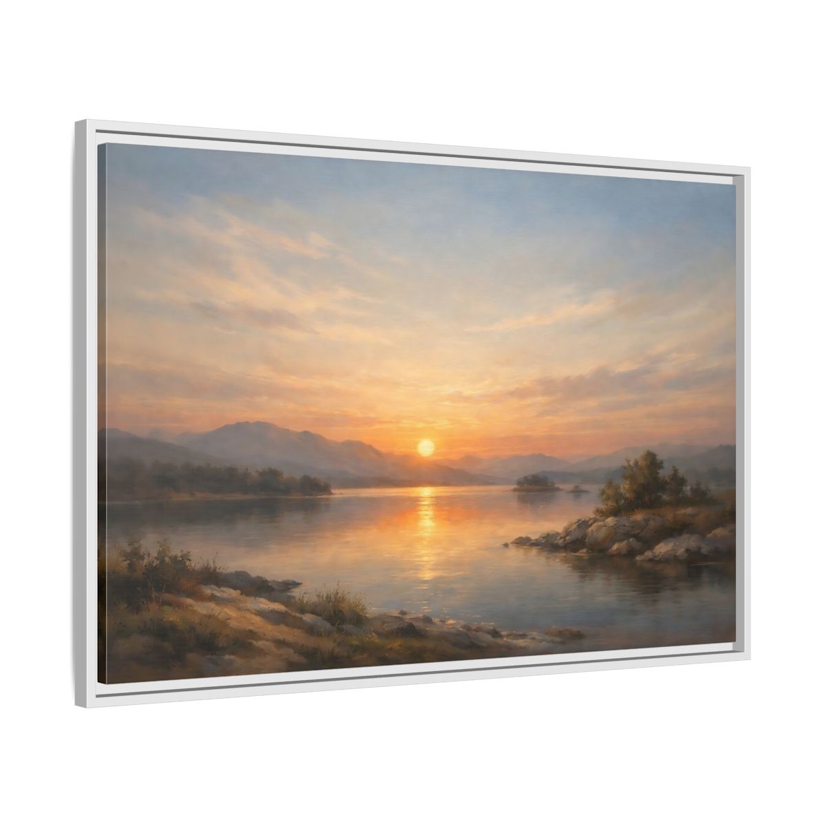 Side Mockup 8. Nature Lake Sunset Golden Sunset shown as stretched canvas wall art