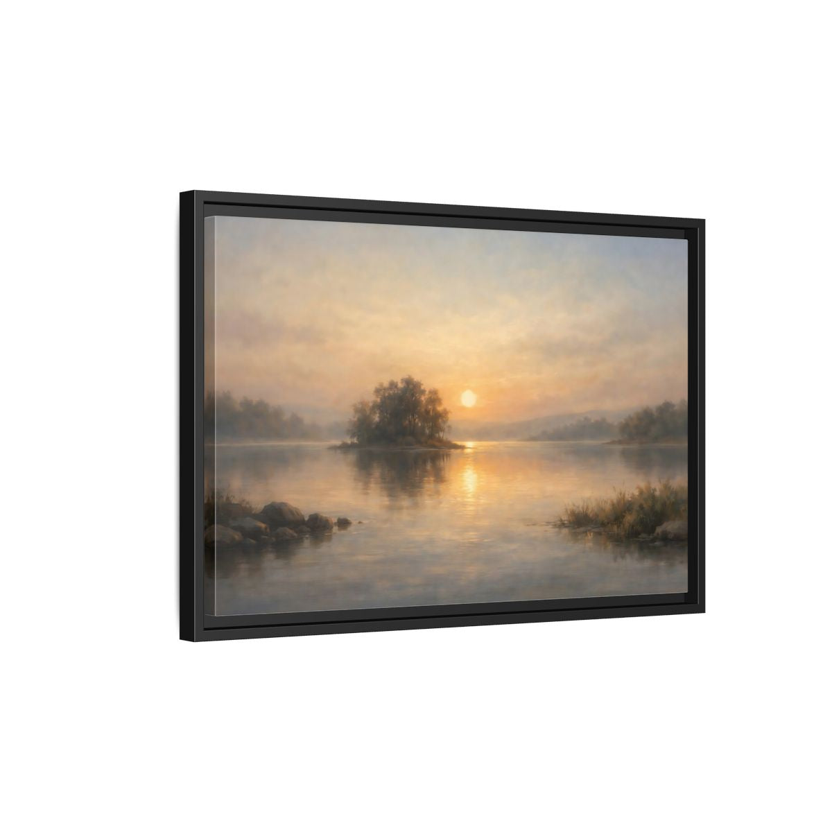 Side Mockup 3. Nature Lake Sunset Golden Lake shown as stretched canvas wall art