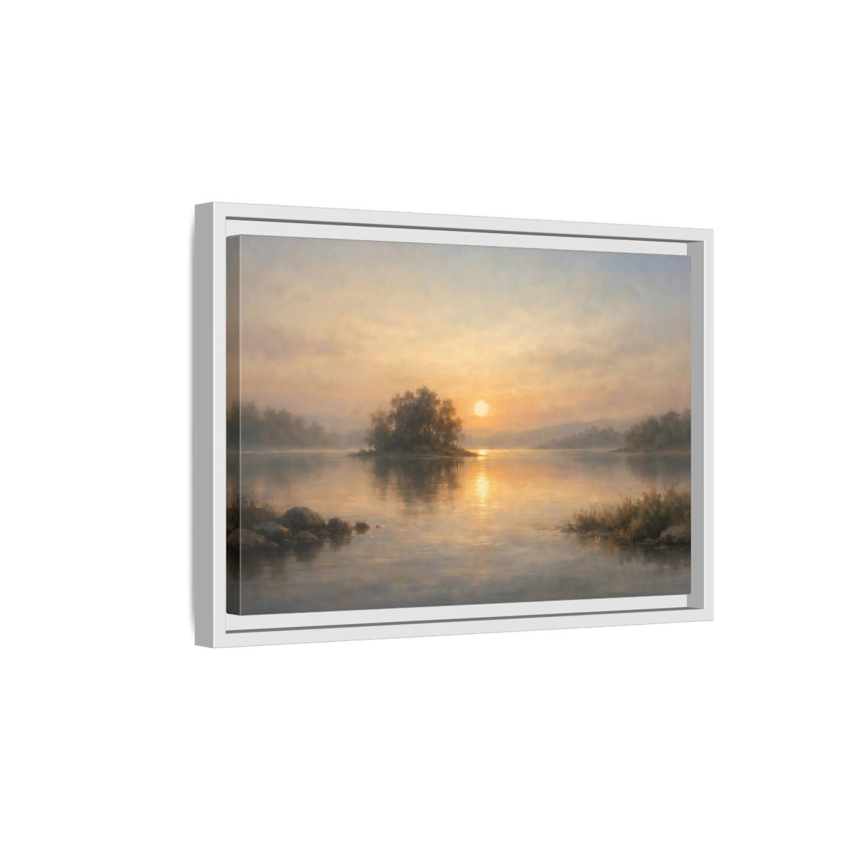 Side Mockup 4. Nature Lake Sunset Golden Lake shown as stretched canvas wall art