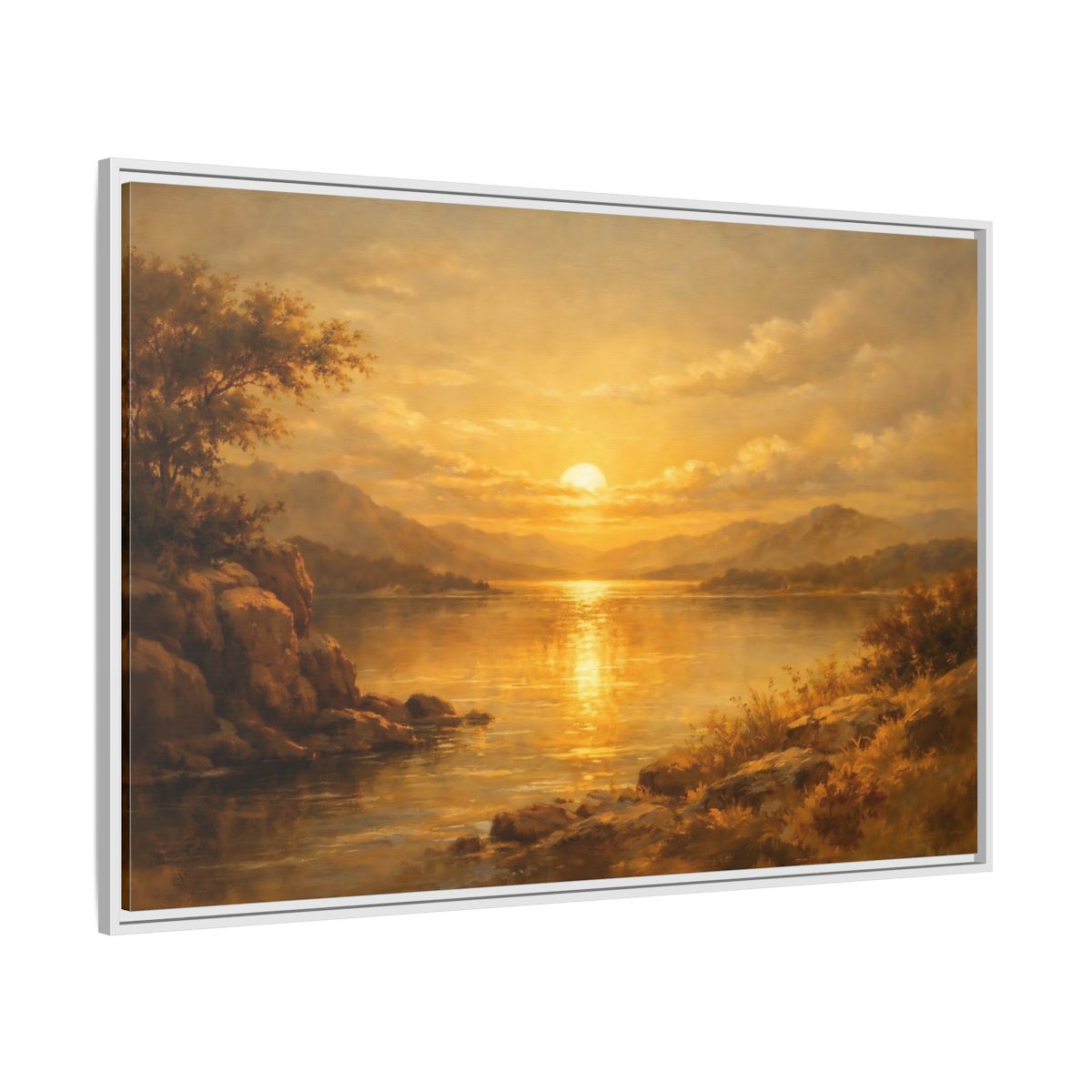 Side Mockup 7. Nature Lake Sunset Golden Sunset Lake shown as stretched canvas wall art