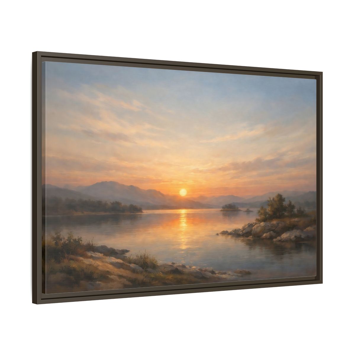 Side Mockup 9. Nature Lake Sunset Golden Sunset shown as stretched canvas wall art