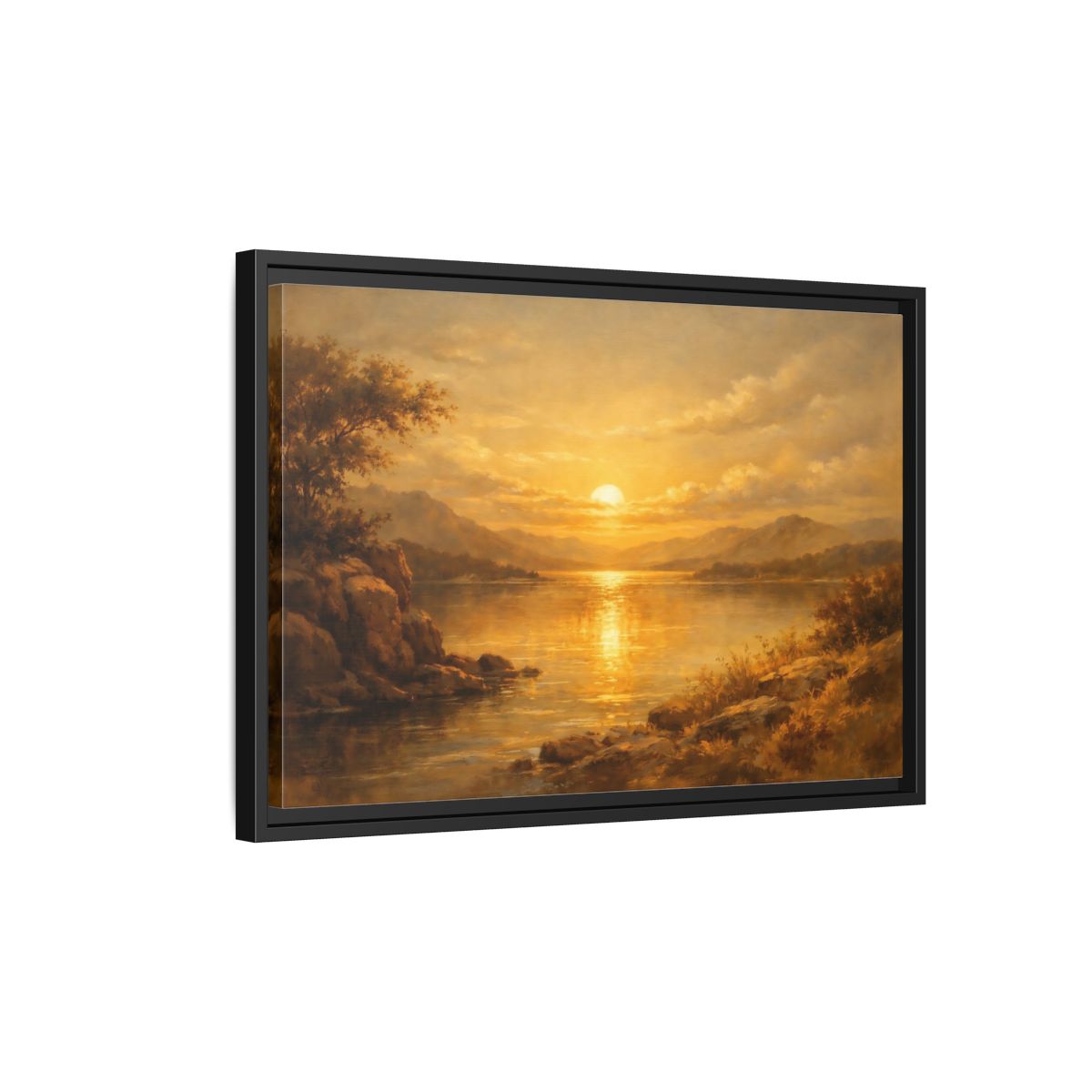 Side Mockup 3. Nature Lake Sunset Golden Sunset shown as stretched canvas wall art