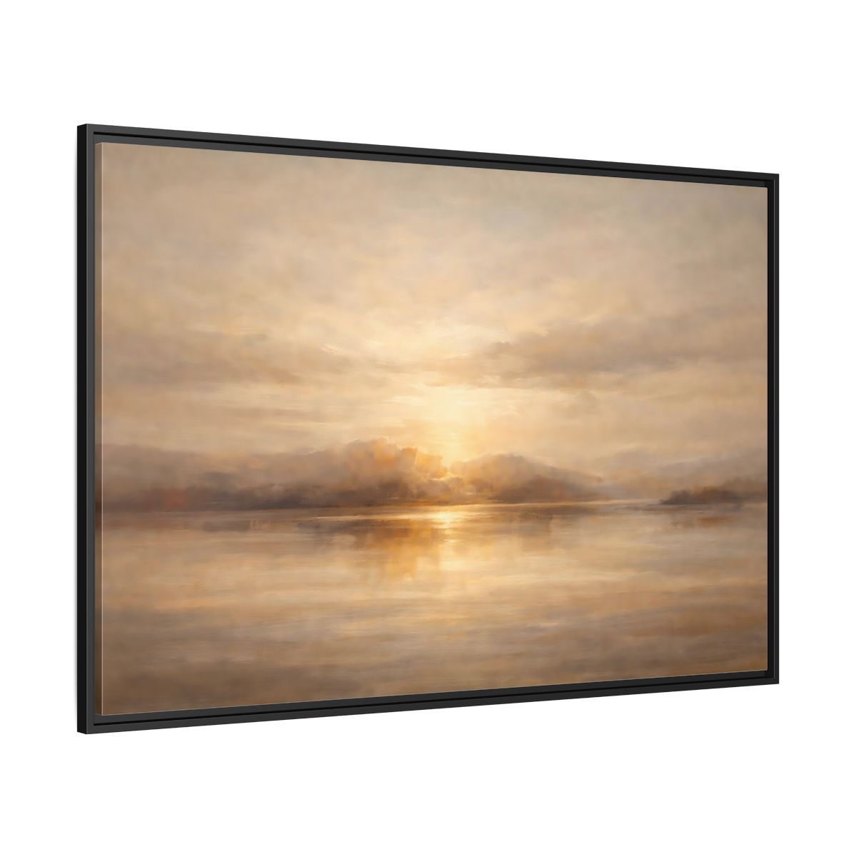 Side Mockup 12. Nature Lake Sunset Golden Sunset shown as stretched canvas wall art