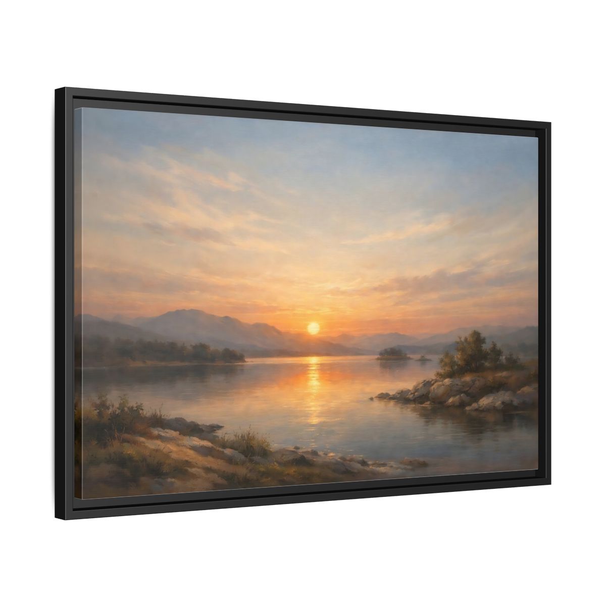 Side Mockup 14. Nature Lake Sunset Golden Sunset shown as stretched canvas wall art