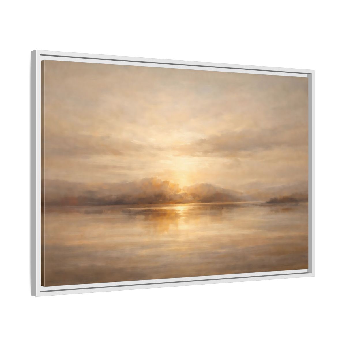 Side Mockup 8. Nature Lake Sunset Golden Sunset shown as stretched canvas wall art