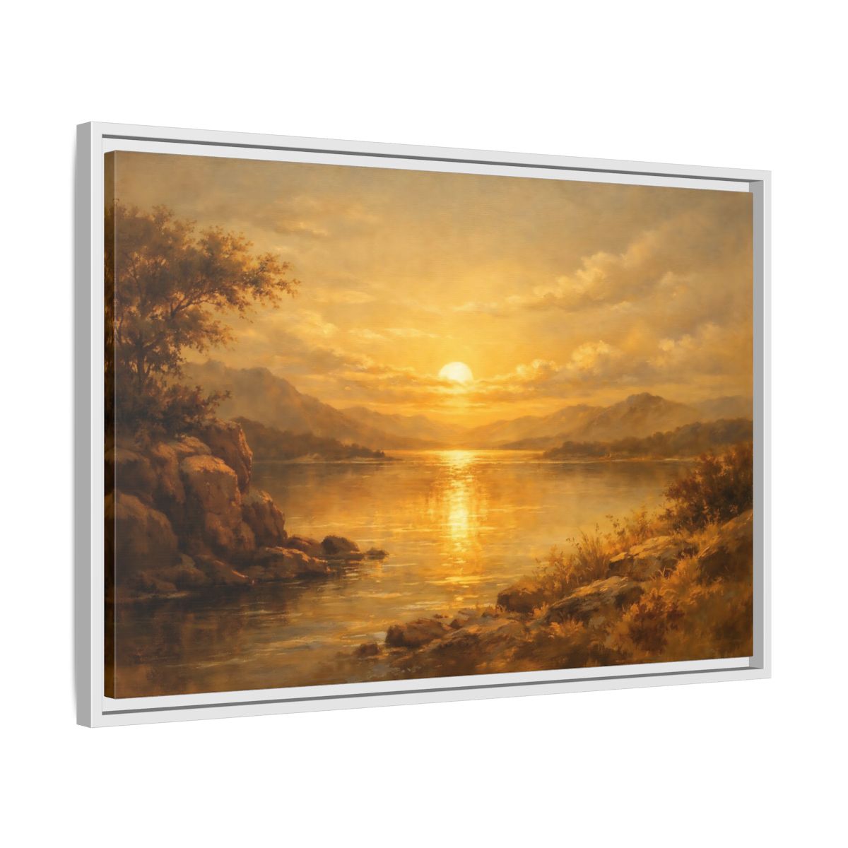 Side Mockup 10. Nature Lake Sunset Golden Sunset shown as stretched canvas wall art