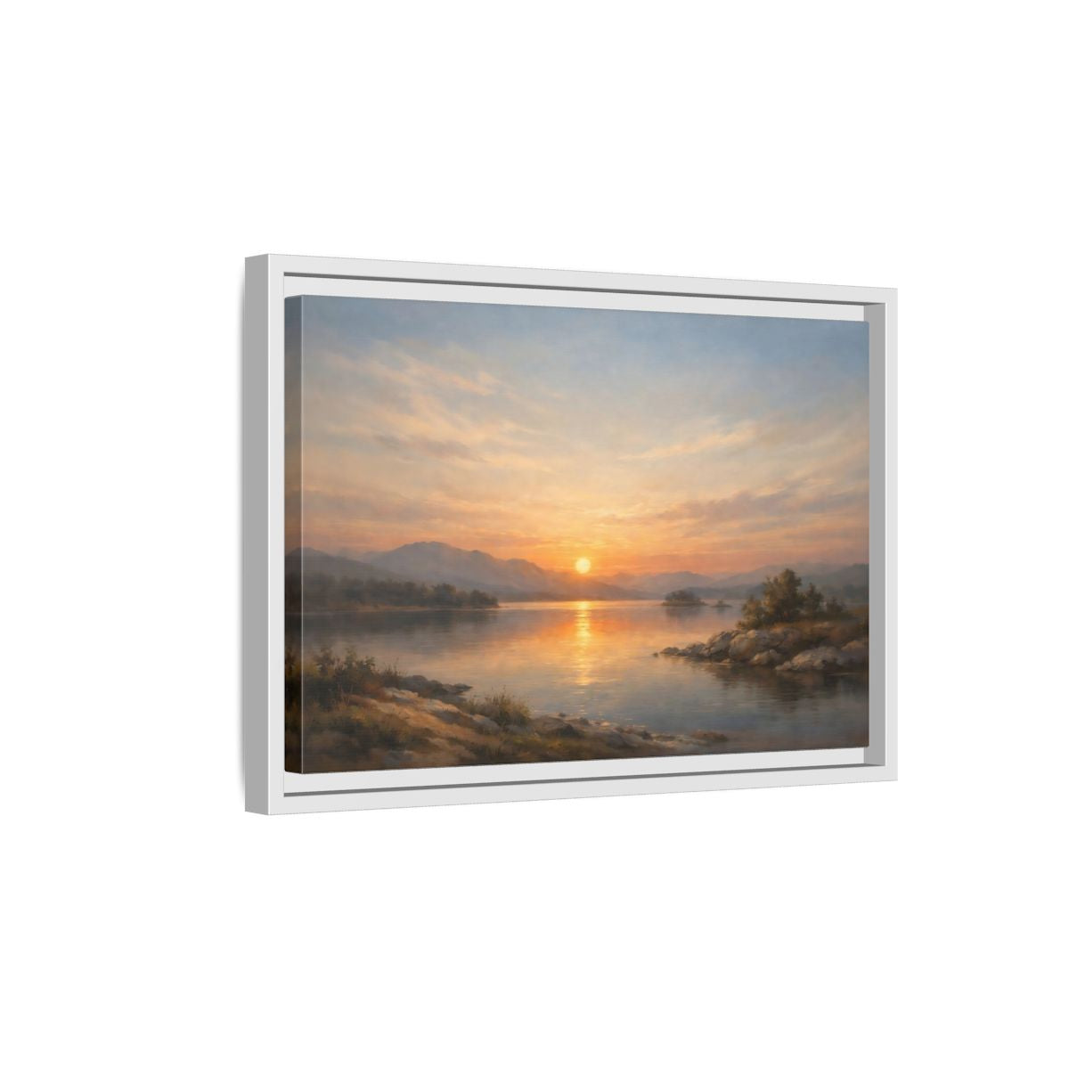 Side Mockup 4. Nature Lake Sunset Golden Sunset shown as stretched canvas wall art