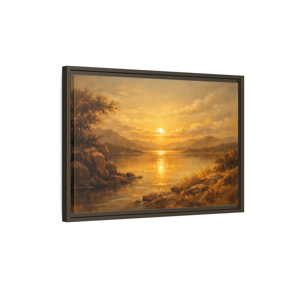Side Mockup 2. Nature Lake Sunset Golden Sunset shown as stretched canvas wall art