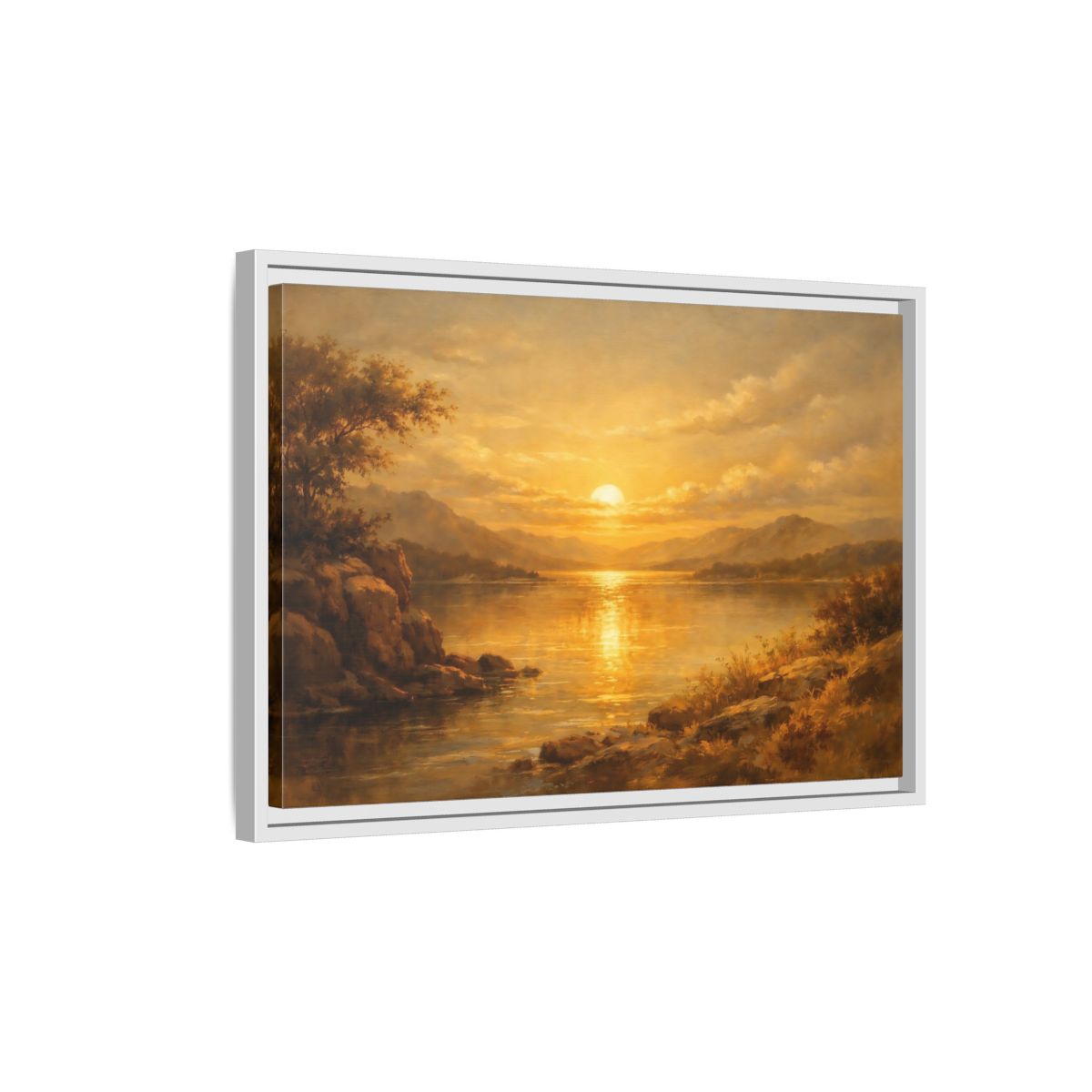 Side Mockup 1. Nature Lake Sunset Golden Sunset Lake shown as stretched canvas wall art