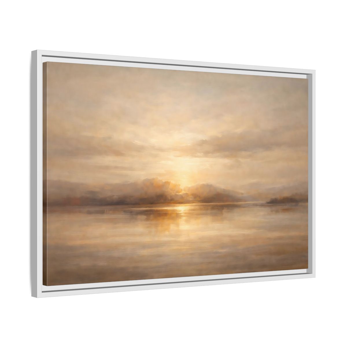 Side Mockup 10. Nature Lake Sunset Golden Sunset shown as stretched canvas wall art