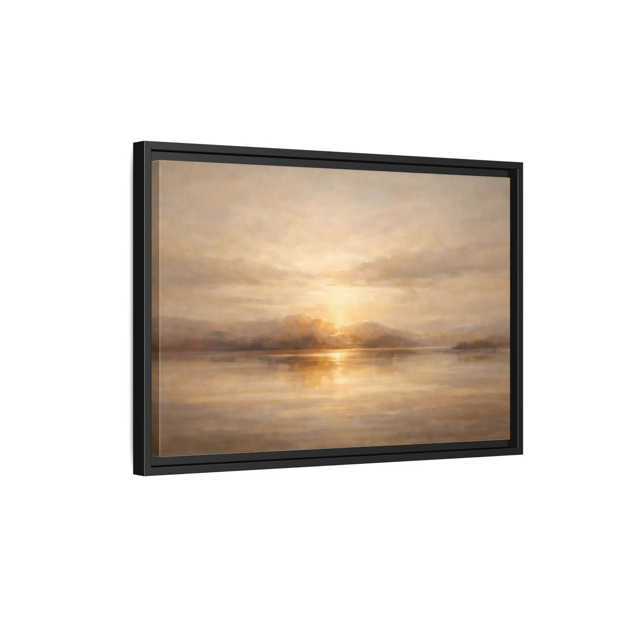 Side Mockup 3. Nature Lake Sunset Golden Sunset shown as stretched canvas wall art