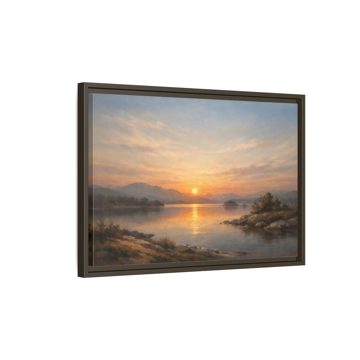 Side Mockup 2. Nature Lake Sunset Golden Sunset shown as stretched canvas wall art