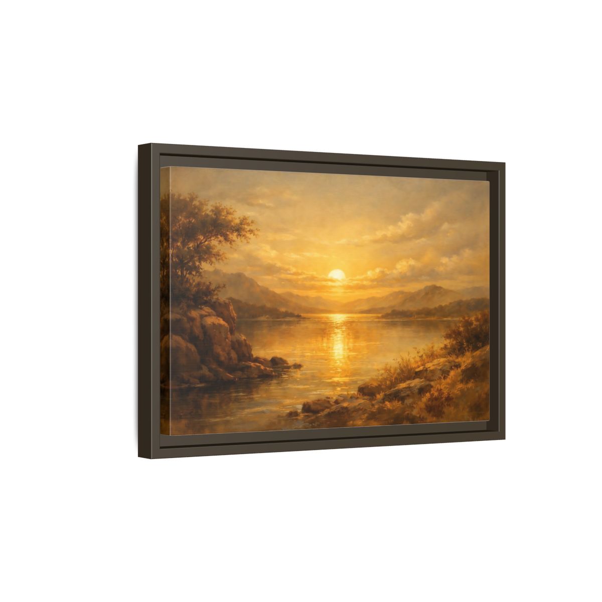 Side Mockup 5. Nature Lake Sunset Golden Sunset Lake shown as stretched canvas wall art