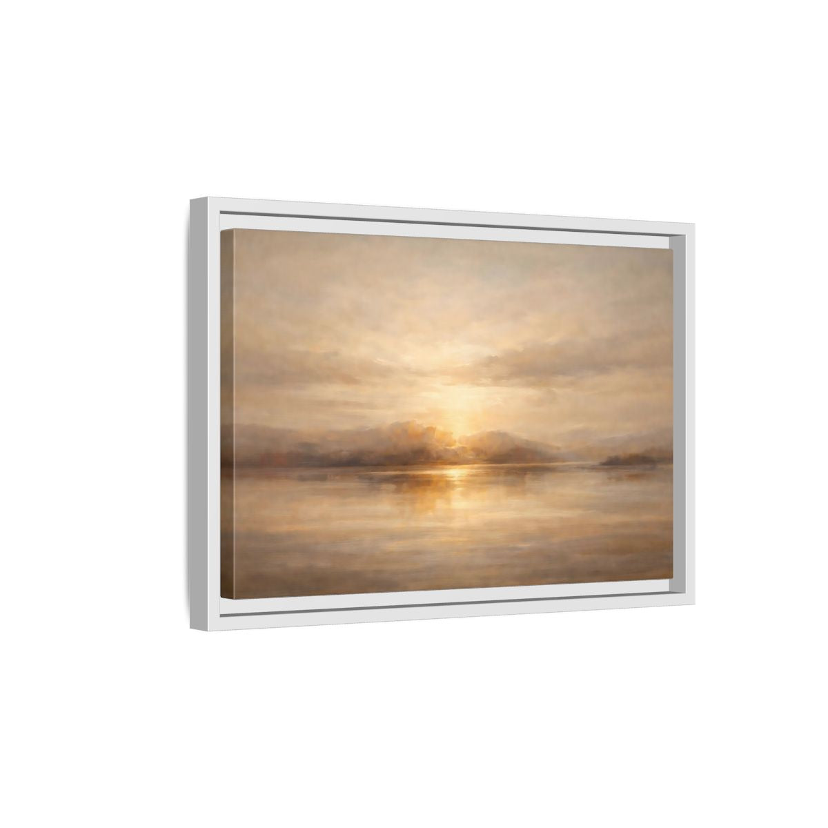 Side Mockup 4. Nature Lake Sunset Golden Sunset shown as stretched canvas wall art