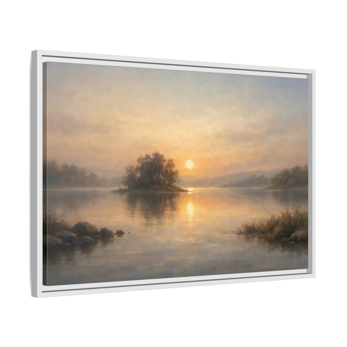 Side Mockup 10. Nature Lake Sunset Golden Lake shown as stretched canvas wall art