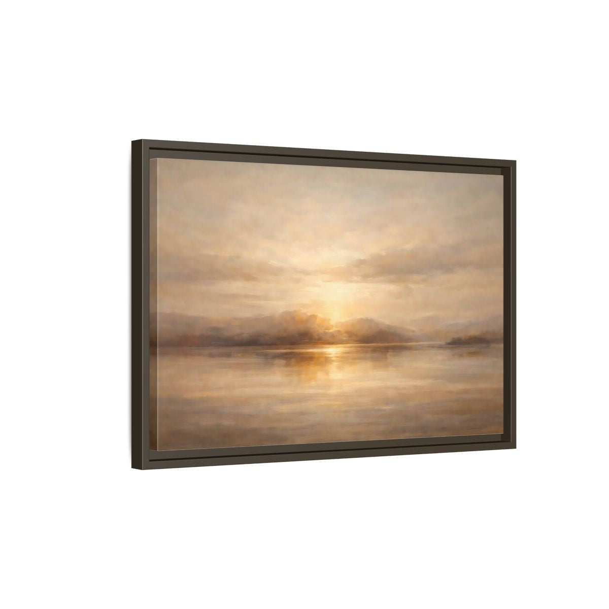 Side Mockup 2. Nature Lake Sunset Golden Sunset shown as stretched canvas wall art