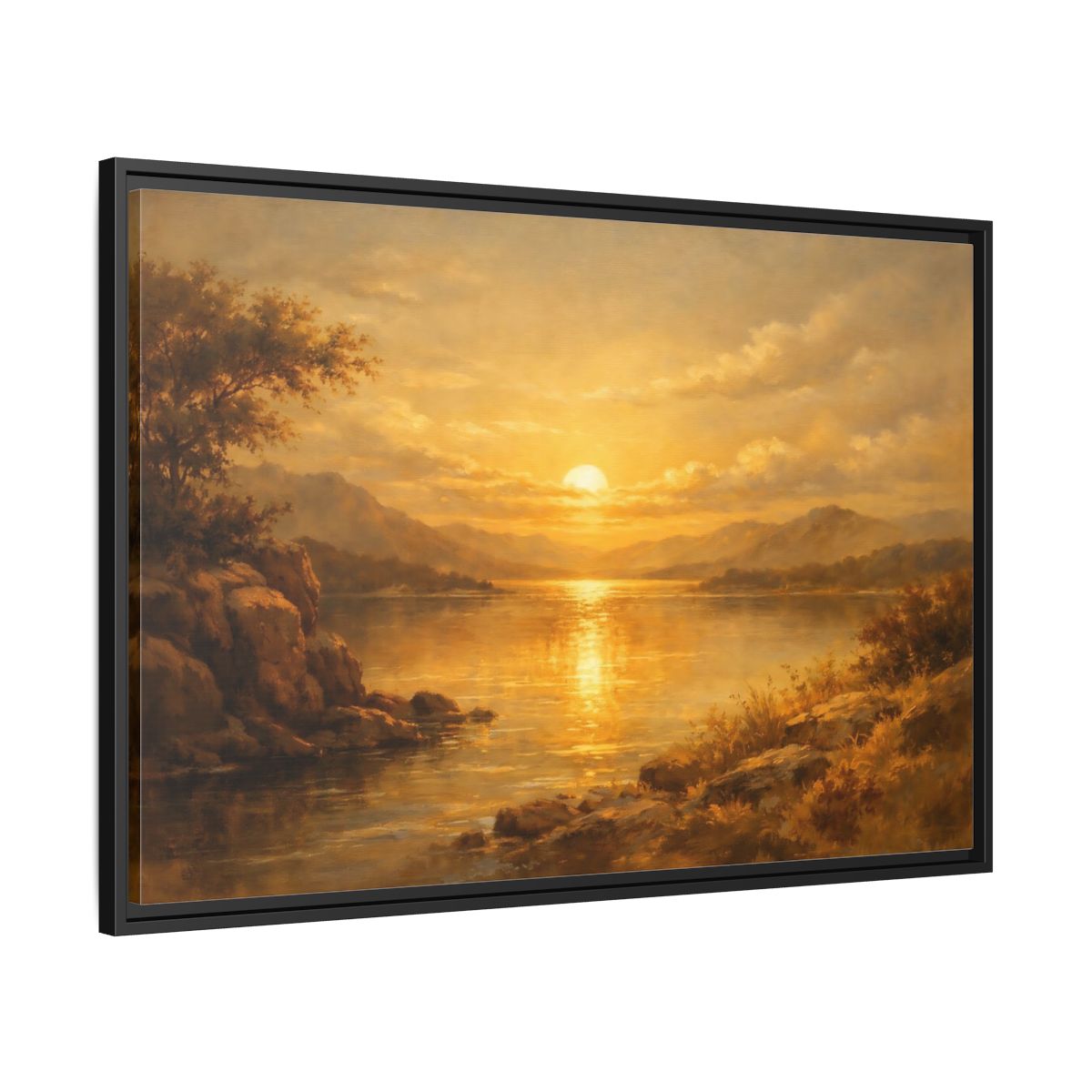 Side Mockup 13. Nature Lake Sunset Golden Sunset shown as stretched canvas wall art