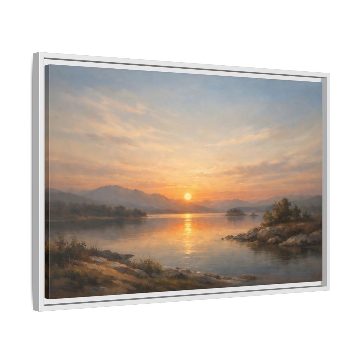 Side Mockup 10. Nature Lake Sunset Golden Sunset shown as stretched canvas wall art