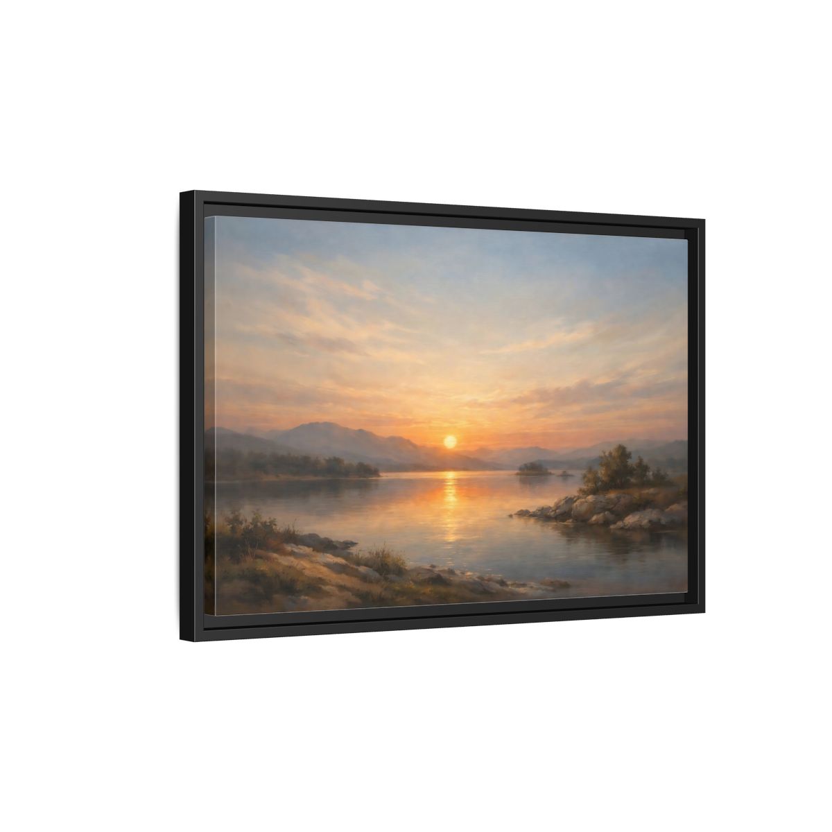 Side Mockup 3. Nature Lake Sunset Golden Sunset shown as stretched canvas wall art