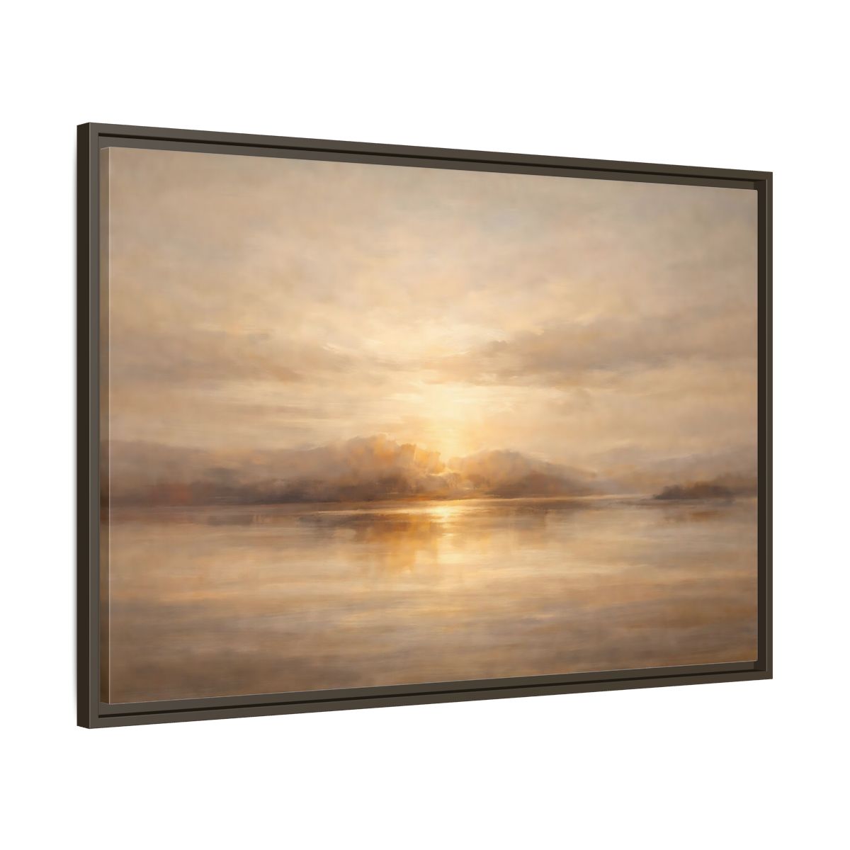 Side Mockup 9. Nature Lake Sunset Golden Sunset shown as stretched canvas wall art