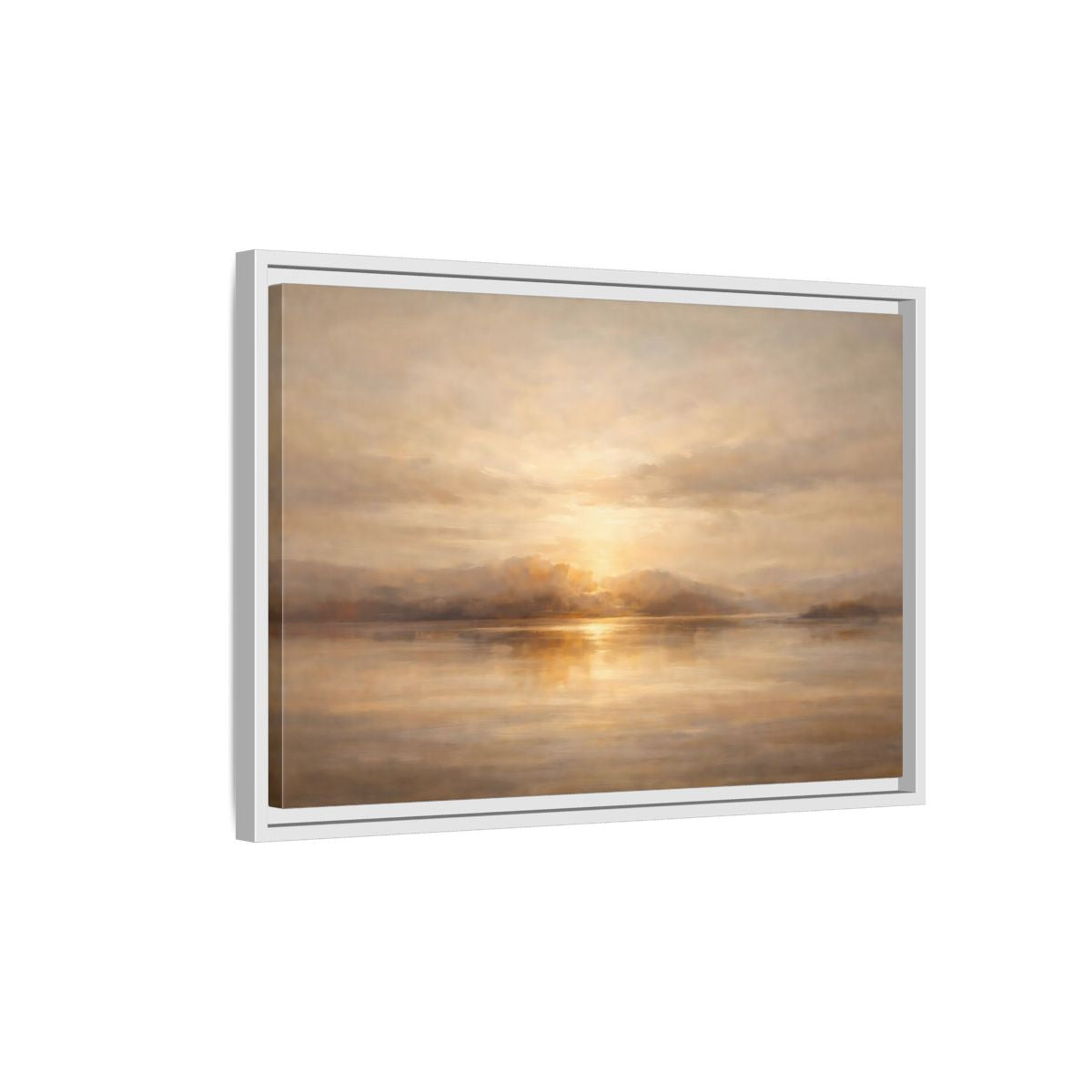 Side Mockup 1. Nature Lake Sunset Golden Sunset shown as stretched canvas wall art