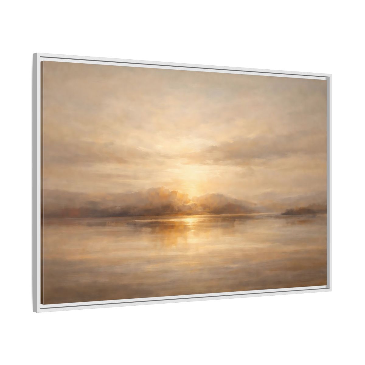 Side Mockup 7. Nature Lake Sunset Golden Sunset shown as stretched canvas wall art