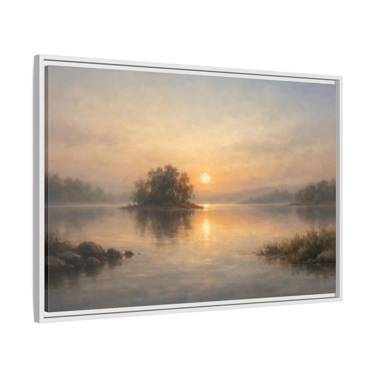 Side Mockup 8. Nature Lake Sunset Golden Lake shown as stretched canvas wall art