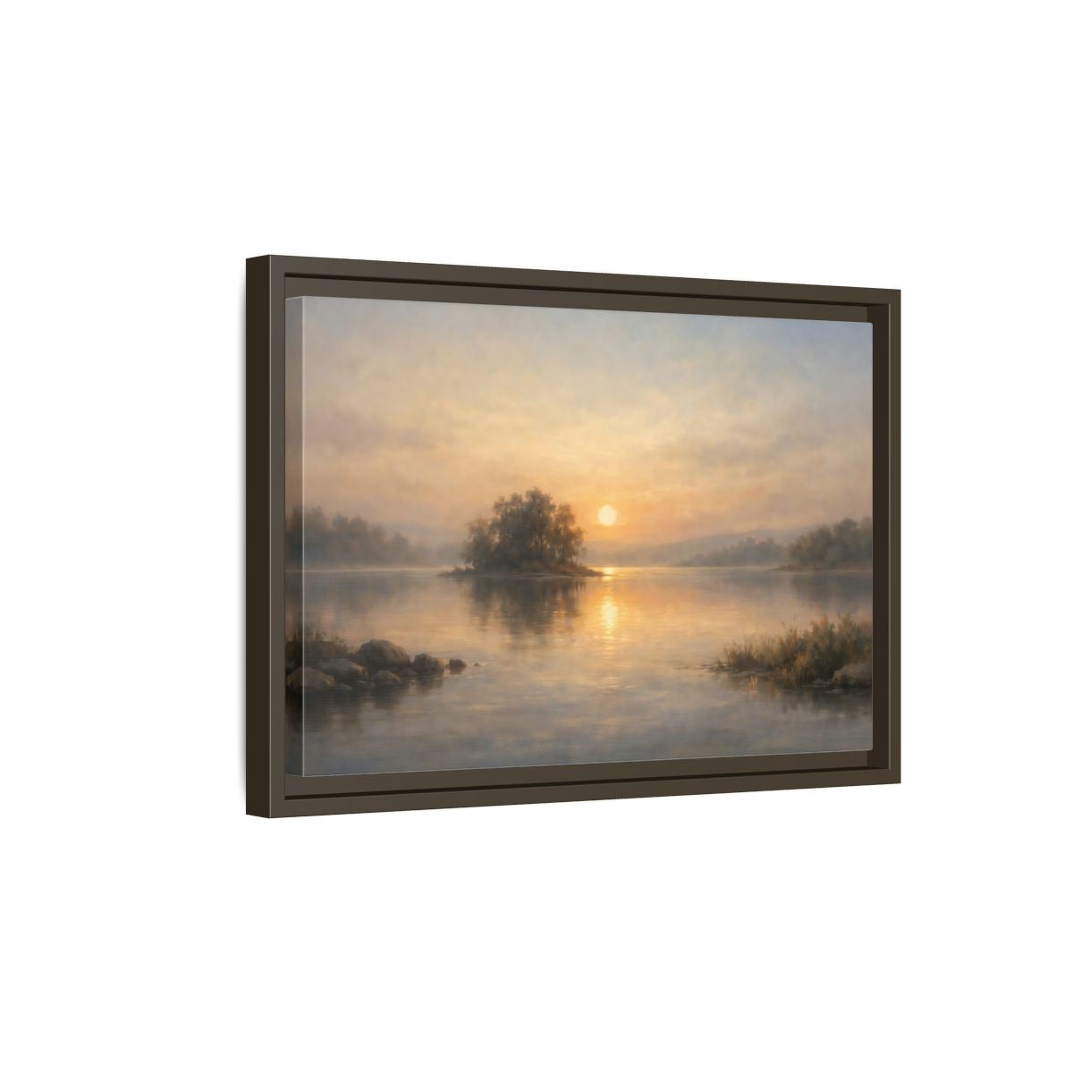 Side Mockup 5. Nature Lake Sunset Golden Lake shown as stretched canvas wall art