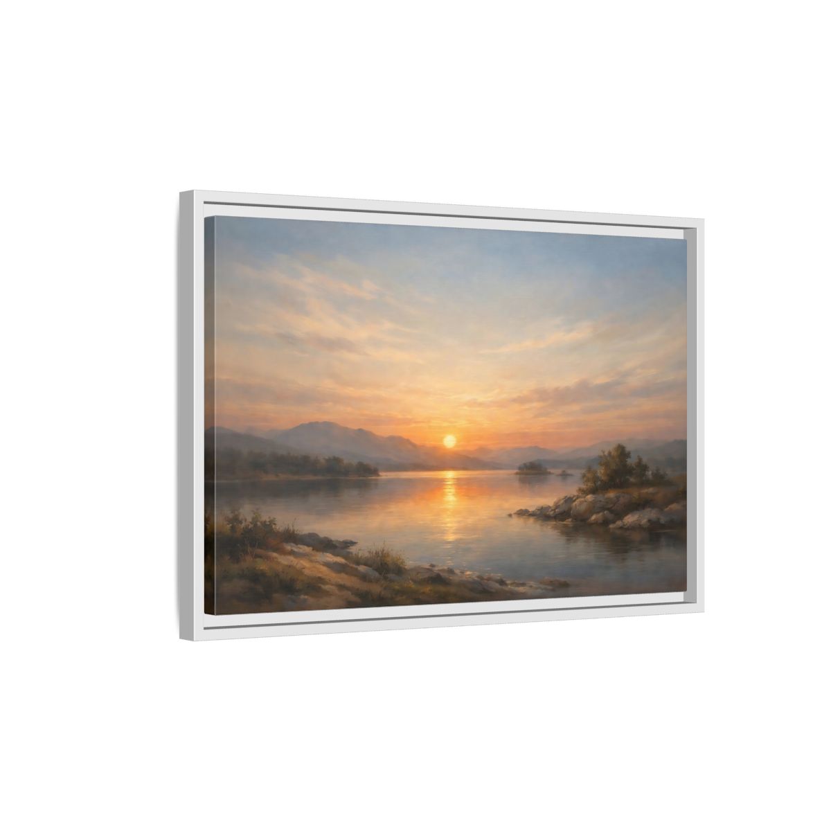 Side Mockup 1. Nature Lake Sunset Golden Sunset shown as stretched canvas wall art