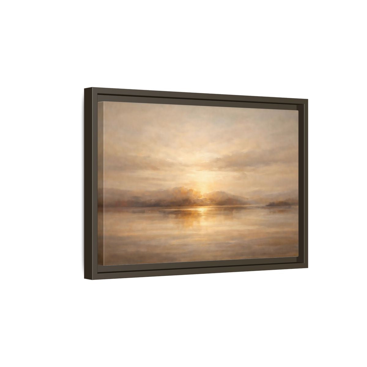 Side Mockup 5. Nature Lake Sunset Golden Sunset shown as stretched canvas wall art