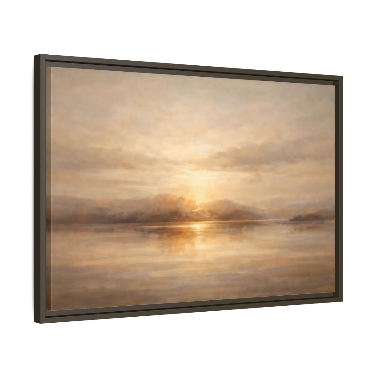 Side Mockup 11. Nature Lake Sunset Golden Sunset shown as stretched canvas wall art