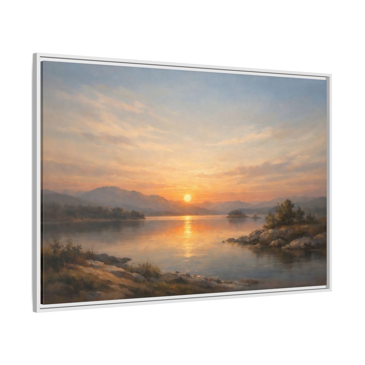 Side Mockup 7. Nature Lake Sunset Golden Sunset shown as stretched canvas wall art