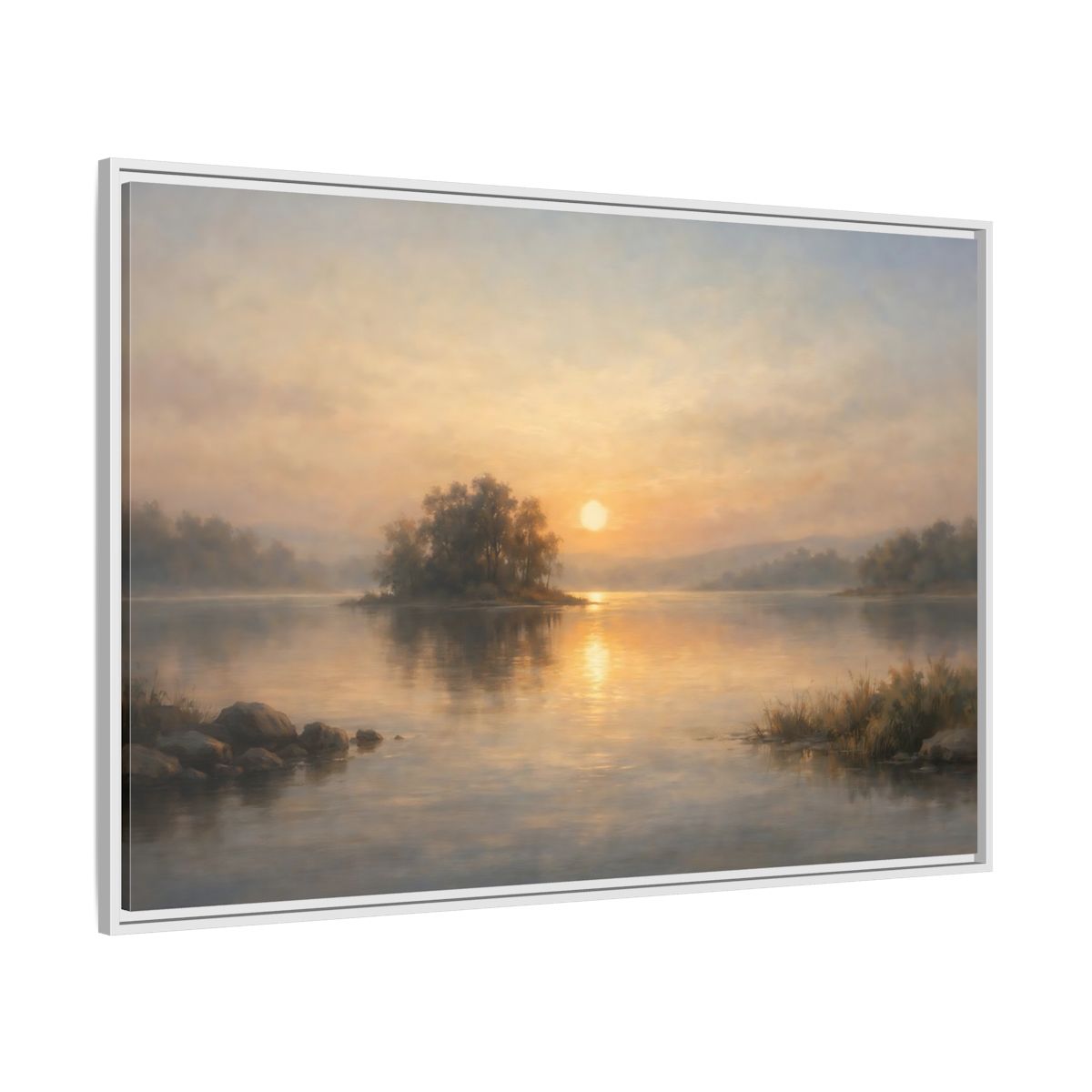 Side Mockup 7. Nature Lake Sunset Golden Lake shown as stretched canvas wall art