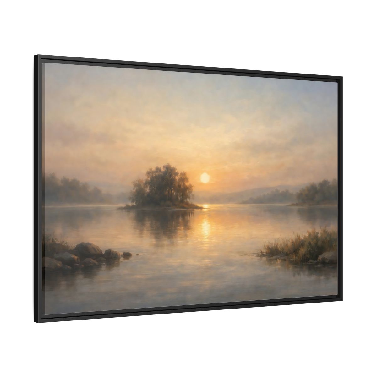 Side Mockup 12. Nature Lake Sunset Golden Lake shown as stretched canvas wall art